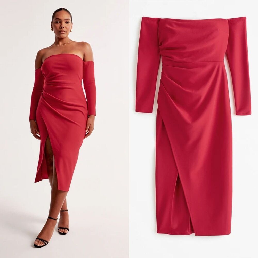 Abercrombie & Fitch Women Size M Long-Sleeve Off-the-Shoulder Crepe Midi Dress